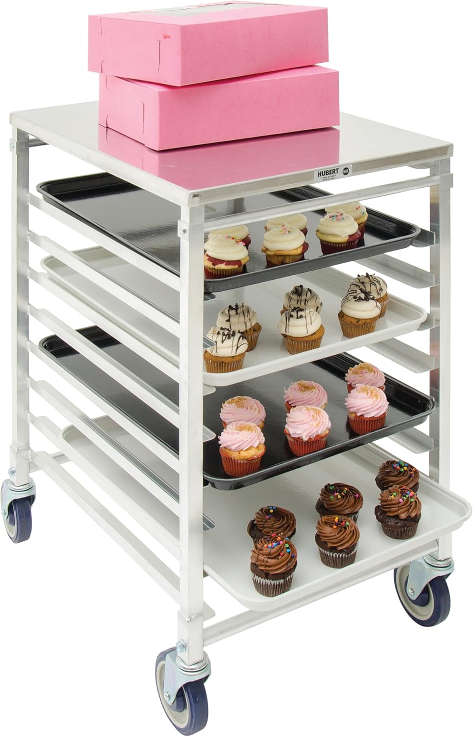 CenPro pan rack loaded with baking pans containing cupcakes and pastries