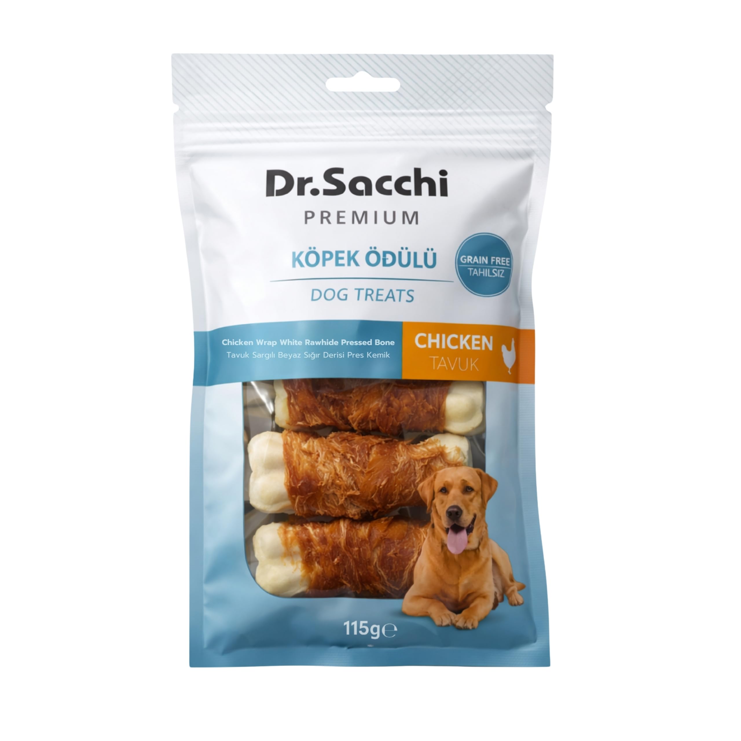 Dr.Sacchi Premium Tavuk Sargılı Beyaz Sığır Derisi Pres Kemik Tahılsız Köpek Ödülü 3” 22-25 Gr 5'li