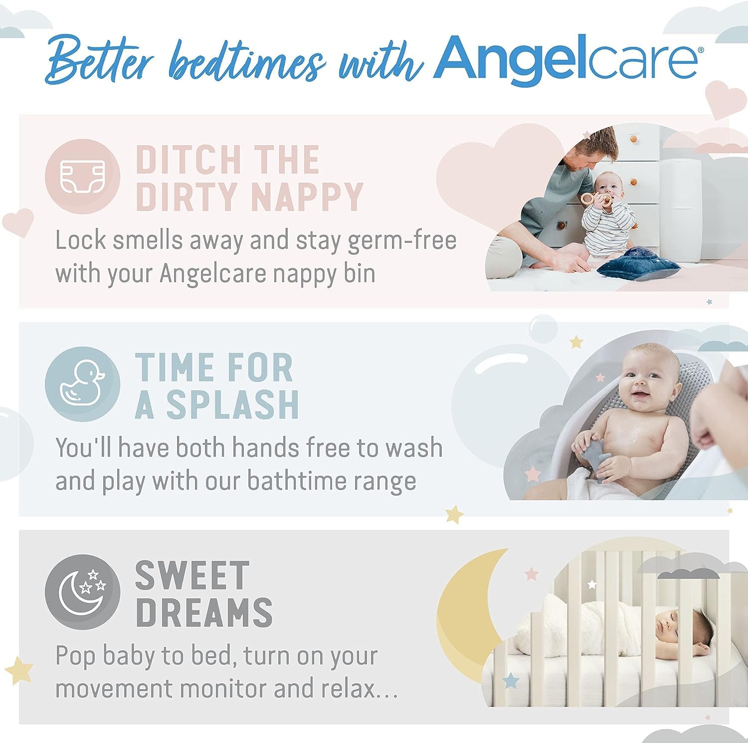 Comparison showing less film usage with Angelcare Nappy Disposal System