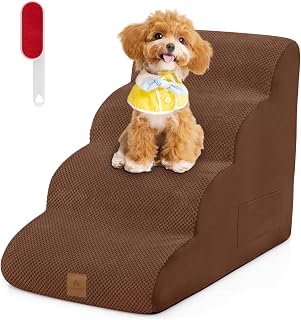 COSTWAY 4 Steps Dog Stairs Non-Slip Foam Dog Stairs for Dogs and Cats Removable Cat Staircase Dog Stairs for Sofa Bed Washable Cover (Brown)