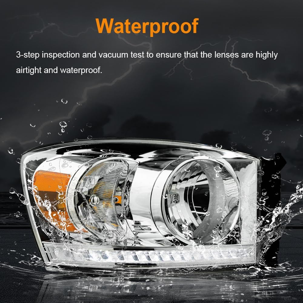 LED Headlight Assembly, Headlights Kit Compatible with 2006-2008 Dodge Ram 1500/2006-2009 Ram 2500 3500(Fits Models with Halogen Headlamps Only) Headlamp Chrome Housing Amber Reflector
