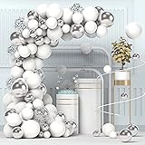 White Silver Balloon Garland Kit, 100PCS White Silver Metallic Chrome and Silver Confetti Balloons set for Birthday Party Wedding Graduation Decorations Silver,White