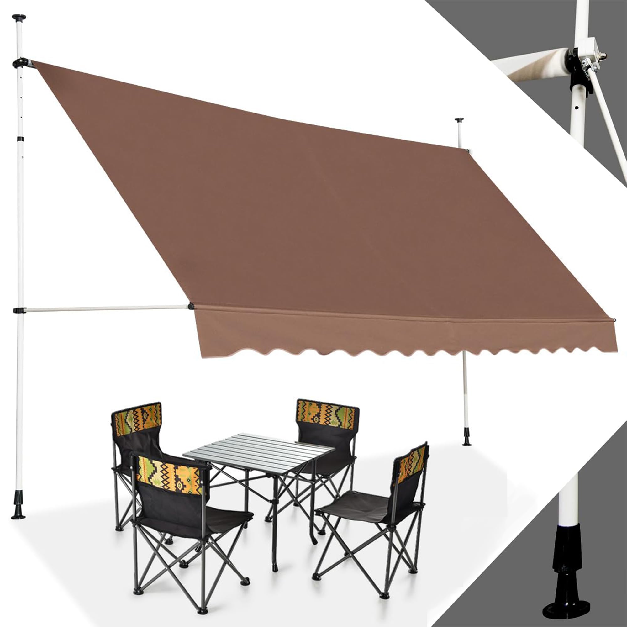 RELAX4LIFE Store Banne Manuel sans Perçage, Auvent Balcon Rétractable avec Manivelle, Tissu Oxford Anti-UV Imperméable, Hauteur Réglable 2-3 M, Store Banne pour Porte Fenêtre (Marron,400 X 125 cm)