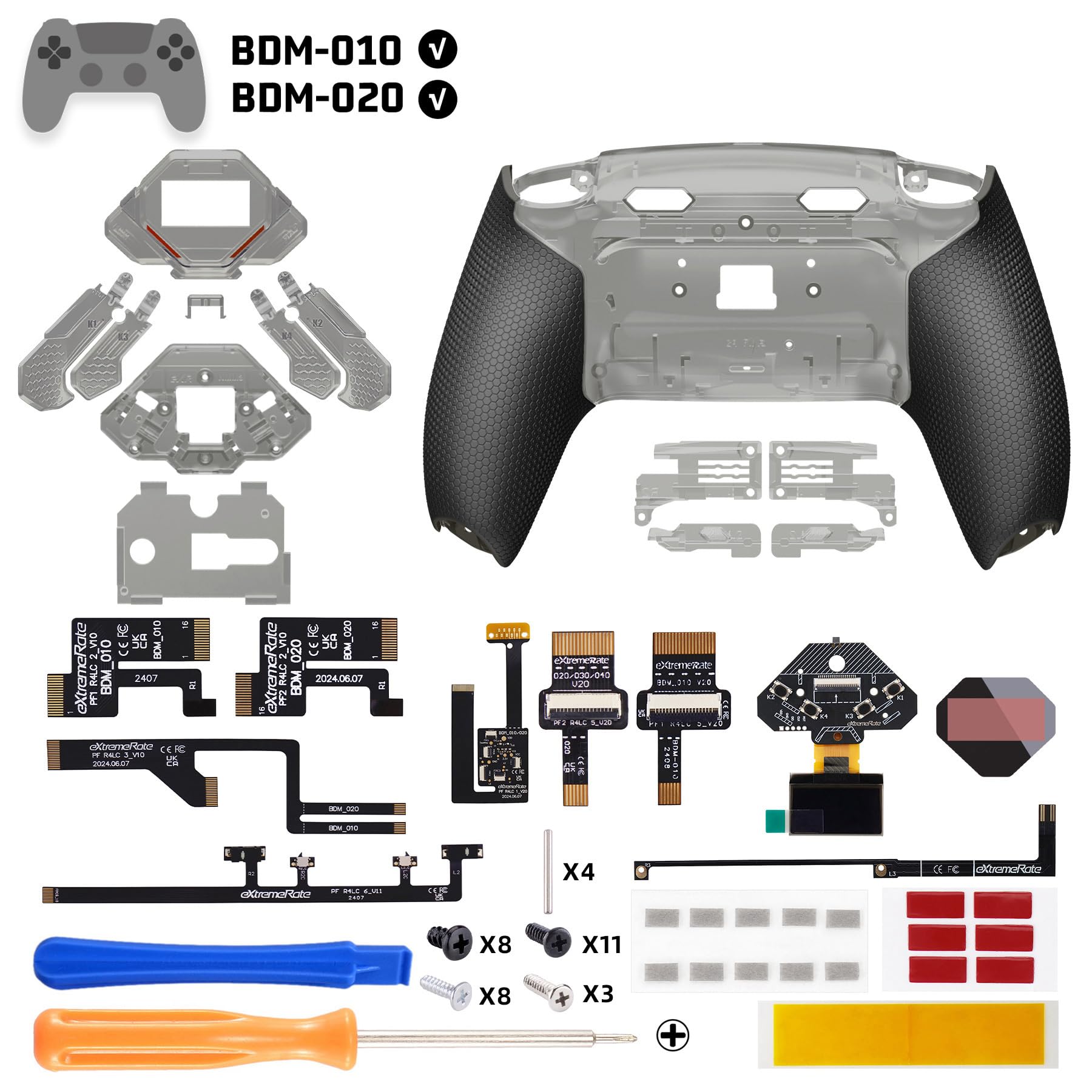 eXtremeRate Spark Tasti Posteriori Kit per ps5 Controller BDM 010 020, Display OLED + Clicky Trigger Stop + Grip Ergonomici, 4 Palette Rimappabili Accessori per ps5 Joystick, Trasparente Nero