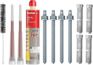 Schwerlastbefestigung SET M10x165mm VERZINKTER STAHL 5.8 FISCHER Montagemörtel VL300 T + 4 Gewindestangen + 4 Siebhülsen 16x85mm + Zylinderbürste/Klebeanker Ankerstangen