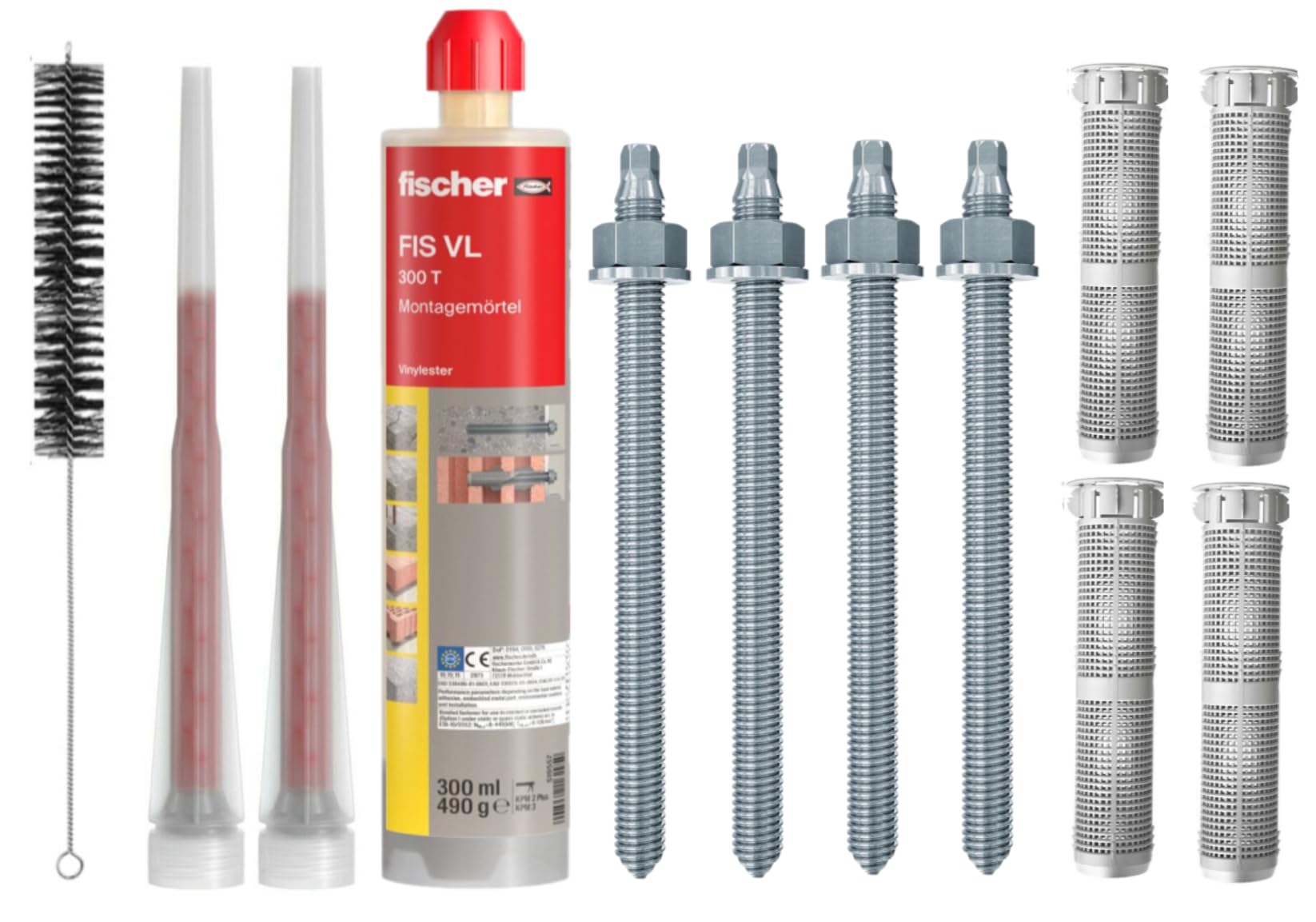 Schwerlastbefestigung SET M16x300mm VERZINKTER STAHL 5.8 -FISCHER Montagemörtel VL300 T + 4 Gewindestangen + 4 Siebhülsen 20X130mm + Zylinderbürste/Klebeanker Ankerstangen