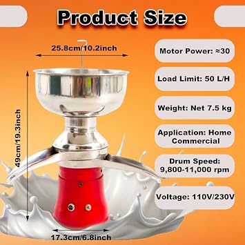 Electric Cream Separator and Milk Centrifuge, 50L/100L/H, 304 Stainless Steel Cream Separator for Butter and Cheese Extraction