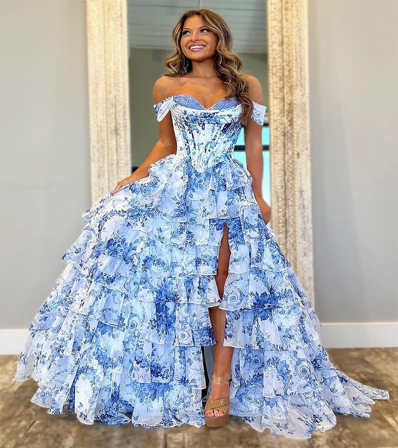 Off Shoulder Floral Print Prom Dresses for Women Tiered Chiffon Ruffle A Line Formal Dress with Slit - Image 2