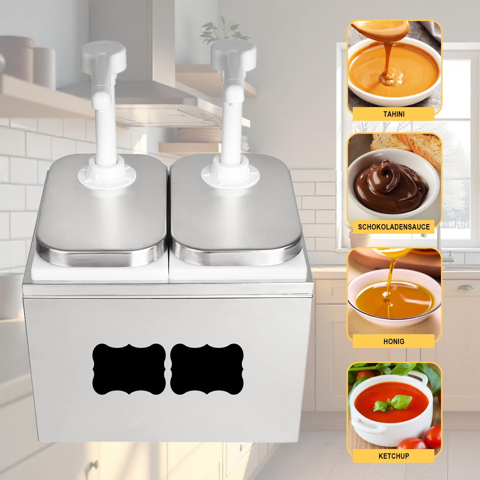 Dispensador de salsa de 5 litros con 4 bombas de acero inoxidable, dispensador de salsa gastro, sin goteo, para salsa de soja, ketchup, mayonesa, mostaza, miel, mermelada