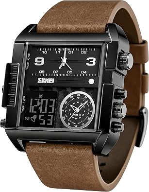 SKMEI Mens Digital Sports Watch, LED Square Large Face Analog Quartz Wrist Watch with Multi-Time Zone Waterproof Stopwatch