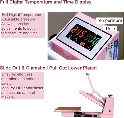 Miniatura 5 de Máquina de prensa de calor semiautomática de 15 x 15 pulgadas para camisetas, base de apertura y deslizamiento automático, estilo clamshell,