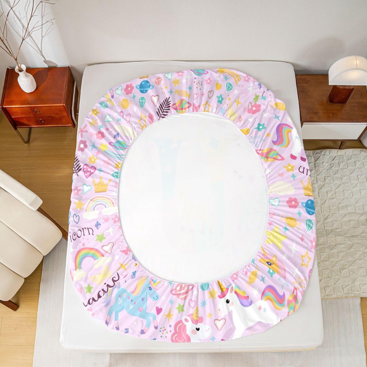 Homewish Fioletowy monogram jednorożec zestaw pościeli podwójny uroczy kawaii jednorożec tęcza prześcieradła Costom litera U zestaw prześcieradeł - marzycielski kwiat dopasowane górne prześcieradła 4