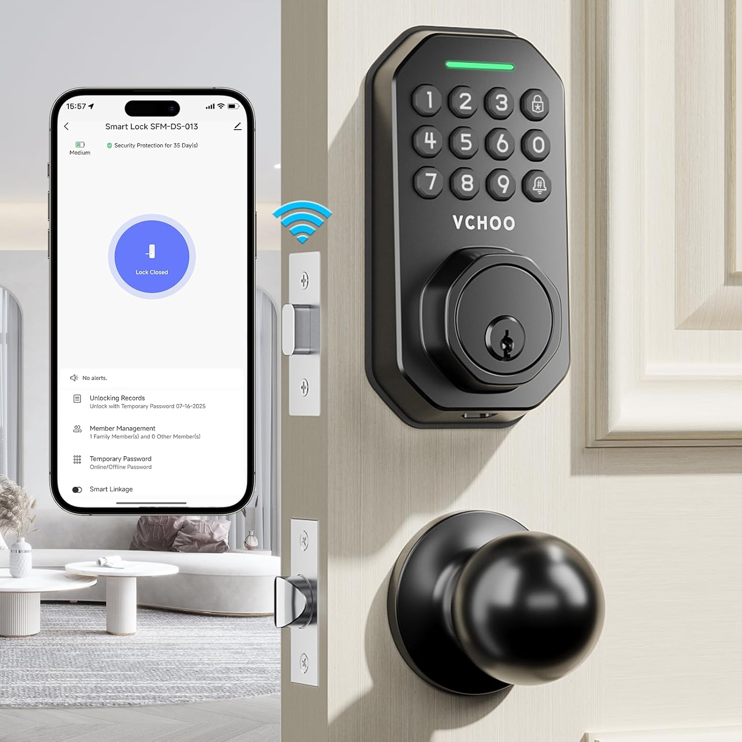 Keyless Entry Door Lock with Handle Wi-Fi Door Locks for Front Door Anti-Peeping Password App Control Smart Door Lock for Homes Hotel Bedroom Doors with 2 Door Knobs /