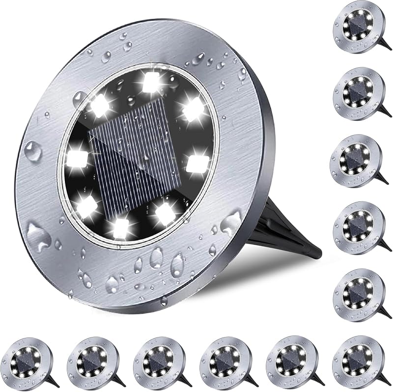 Luces solares de suelo de 4,6 pulgadas de diámetro, luces solares impermeables para jardín, jardín al aire libre, luz brillante impermeable para el suelo, iluminación de paisaje para caminos, patio, césped, pasarela (paquete de 12 luces blancas)