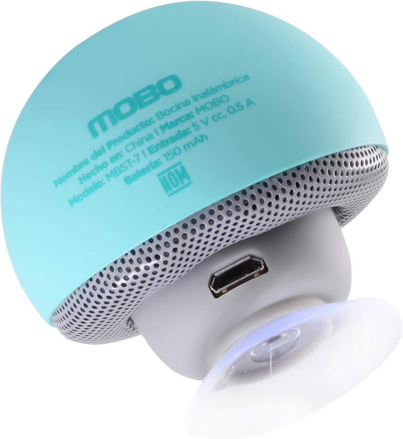 Bottom view of the MOBO Honguito Portable Bluetooth Speaker showing the Micro-USB charging port and suction cup.