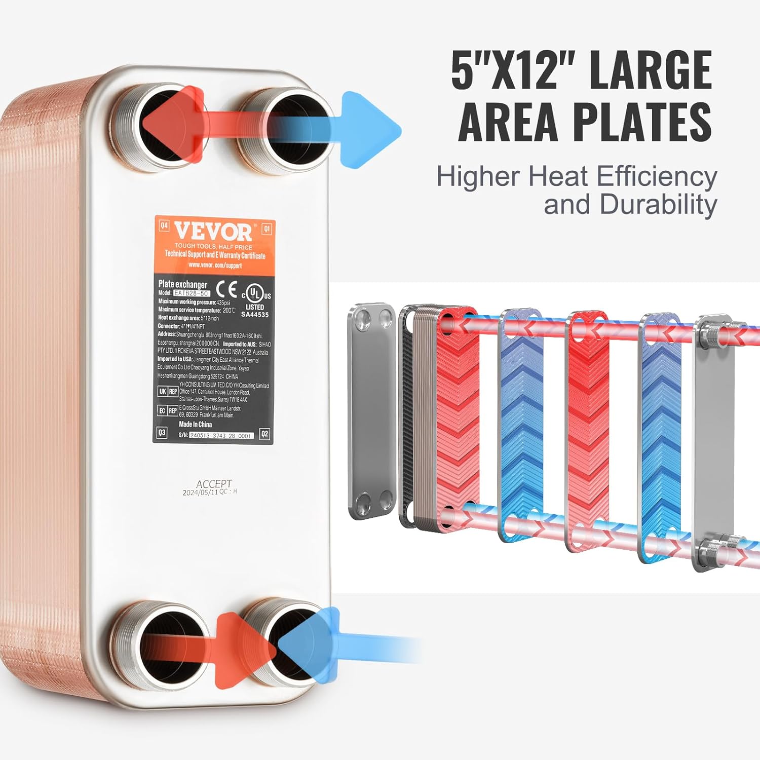 VEVOR Brazed Plate Heat Exchanger, EATB28-50 5"x12" 50 Plates, Copper 316L Stainless Steel for Floor Heating Water Heating Snow Melting Beer Cooling