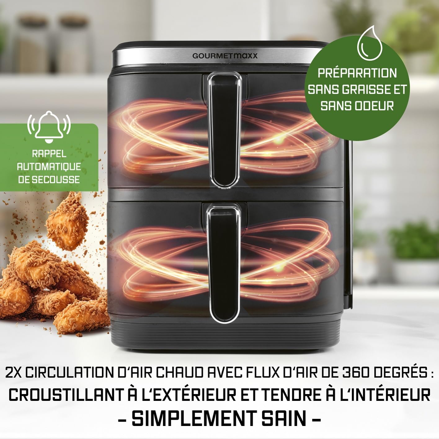 GOURMETmaxx FryUp Friteuse à air chaud verticale à double chambre | Airfryer 10 litres | 4 aliments sur 4 niveaux | Écran tactile rabattable | 32% de gain de place | Friteuse à air chaud 2 chambres