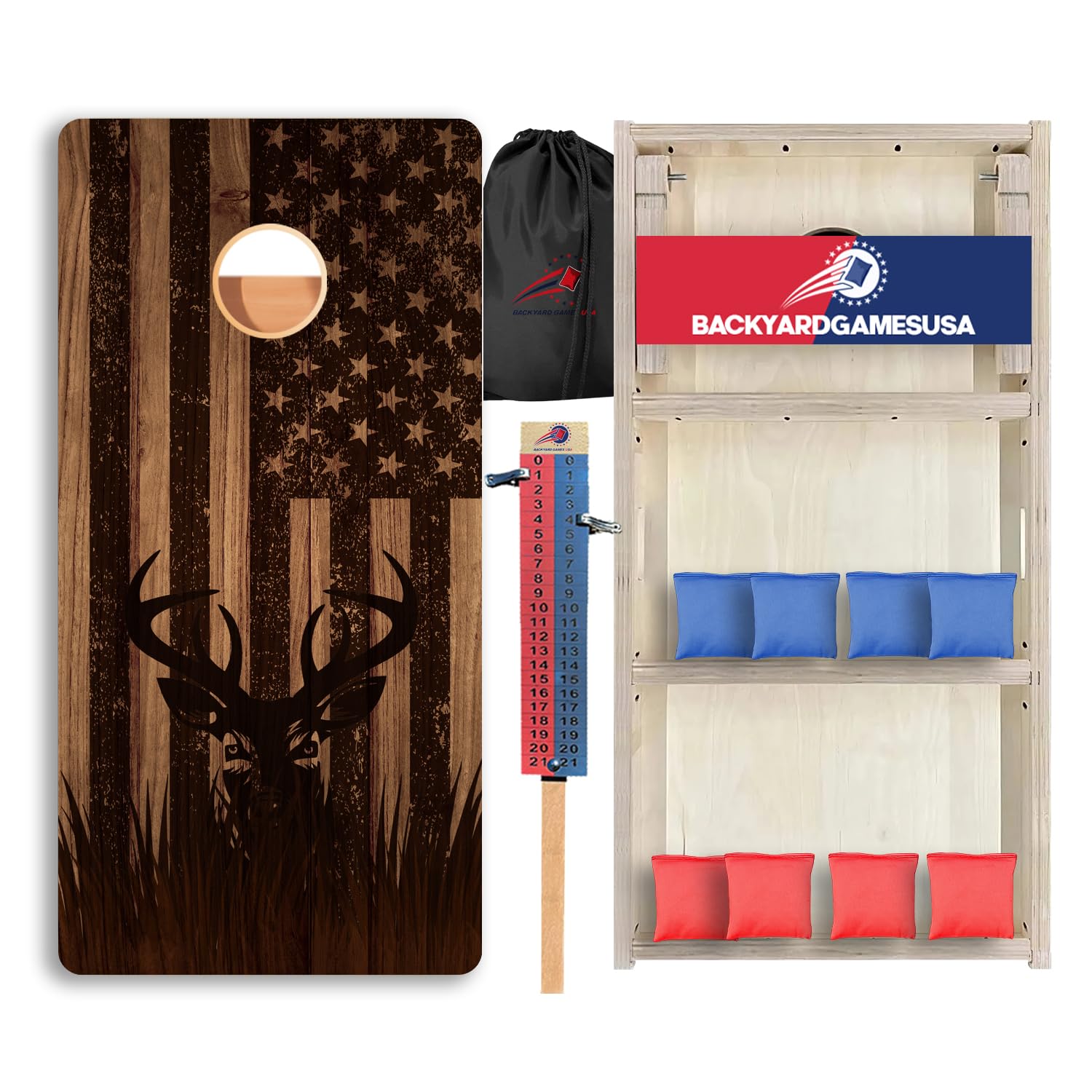CornholeGamesUSA Pro Cornhole Boards Set | Made in USA | 3/4 Baltic Birch | No Bounce | Triple Thick Legs | Two Brace & Handles, Tournament 2x4 Regulation Set with Score Tower & Cornhole Bags