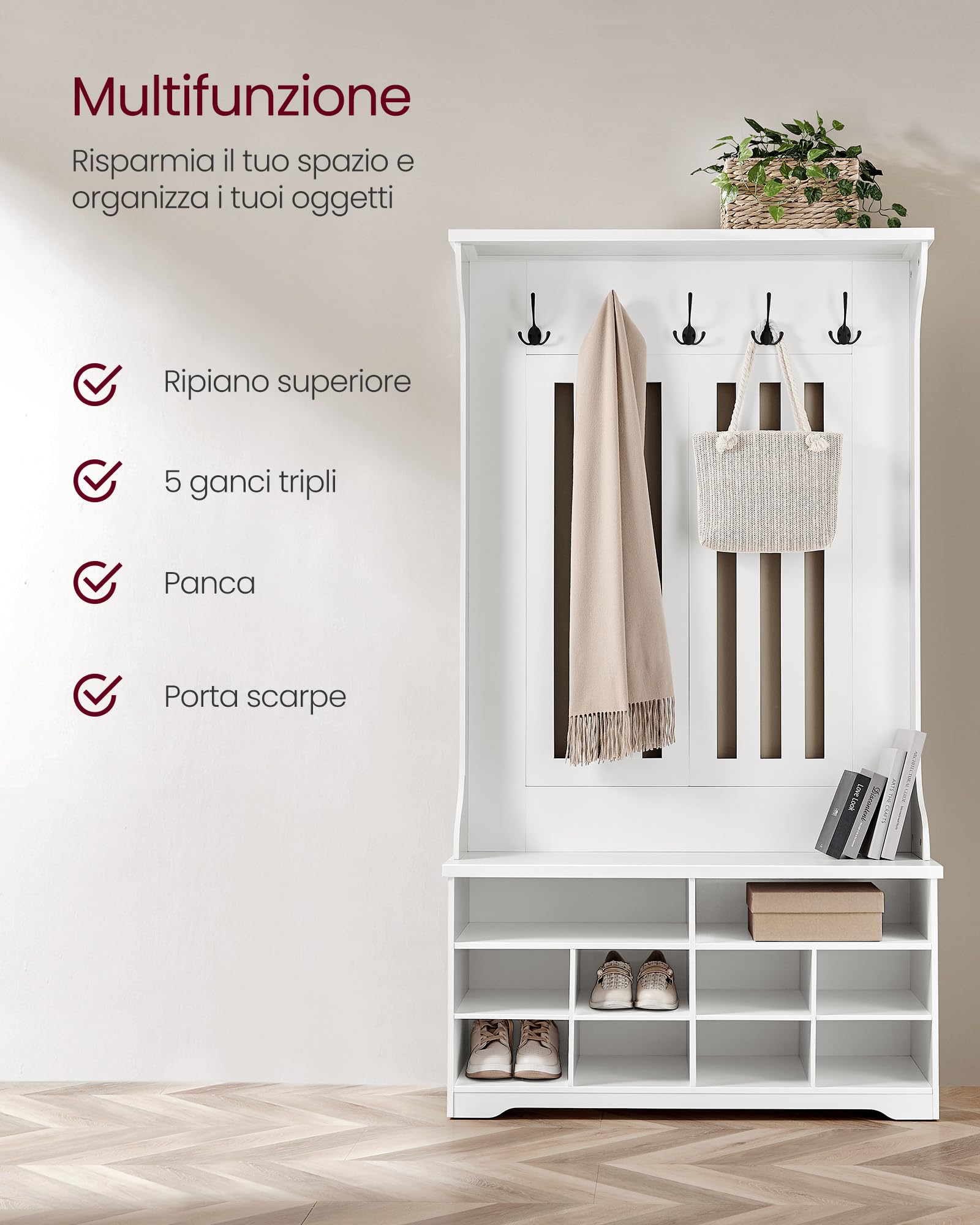 VASAGLE Appendiabiti Ingresso con Panca Scarpiera, Mobile Ingresso con Porta Scarpe, 5 Ganci Tripli, Appendiabiti da Terra, Salvaspazio, per Entrata, Ripiani Regolabili, Bianco Nuvola HSR404T10