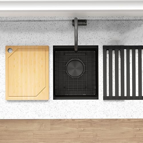 Miniatura 32 de Fregadero de cocina negro de 33 pulgadas, fregadero de acero inoxidable calibre 16, fregadero de estación de trabajo de un solo tazón con reborde