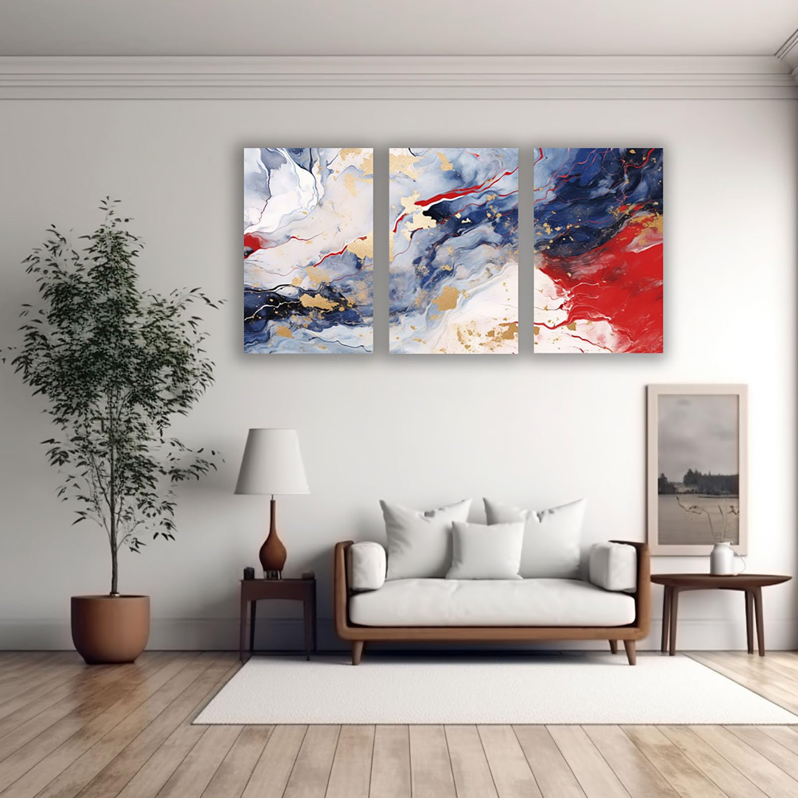 AMXBZC 3-teiliges Set Abstraktes Leinwand Bilder Kunstdrucke Vintage-Flüssigmalerei Wohnzimmer Wandbild Wand Wanddekoration - Modern Kunst für Büro(Blau)-30x45cmx3 Gerahmt