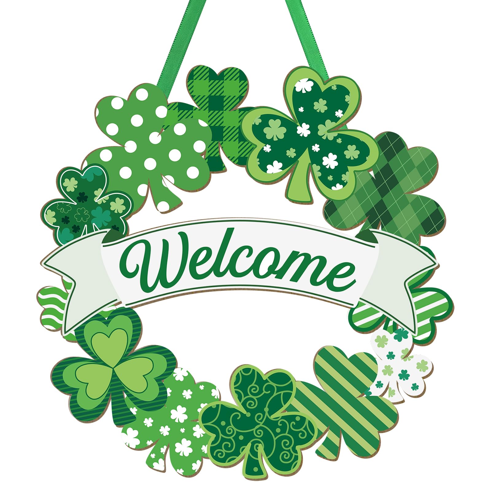 Wooden St. Patrick's Day Decoration Shamrock Door Wreath for Front Door Sign Wall Signs Shamrock Clover Spring Decoration, Irish Sign Welcome Hanging