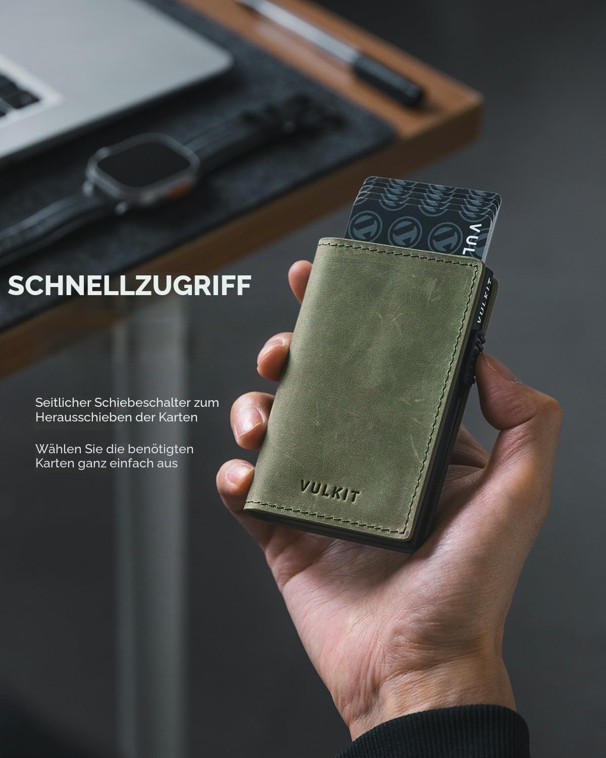 VULKIT Kartenhalter Pop-Up-Geldbörse RFID-blockierend Schmale Kartenbörse aus Crazy Horse-Leder für 11 Karten und Geldscheine