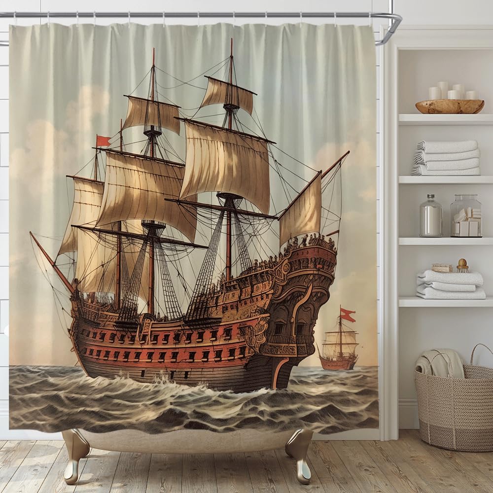 Fantasy Nautical Pirate Ship Shower Curtain Sets 4 Piece,Vintage Ocean Pirate Ship Seagull Full Moon Bathroom Decor Sets Rugs Include Waterproof Non