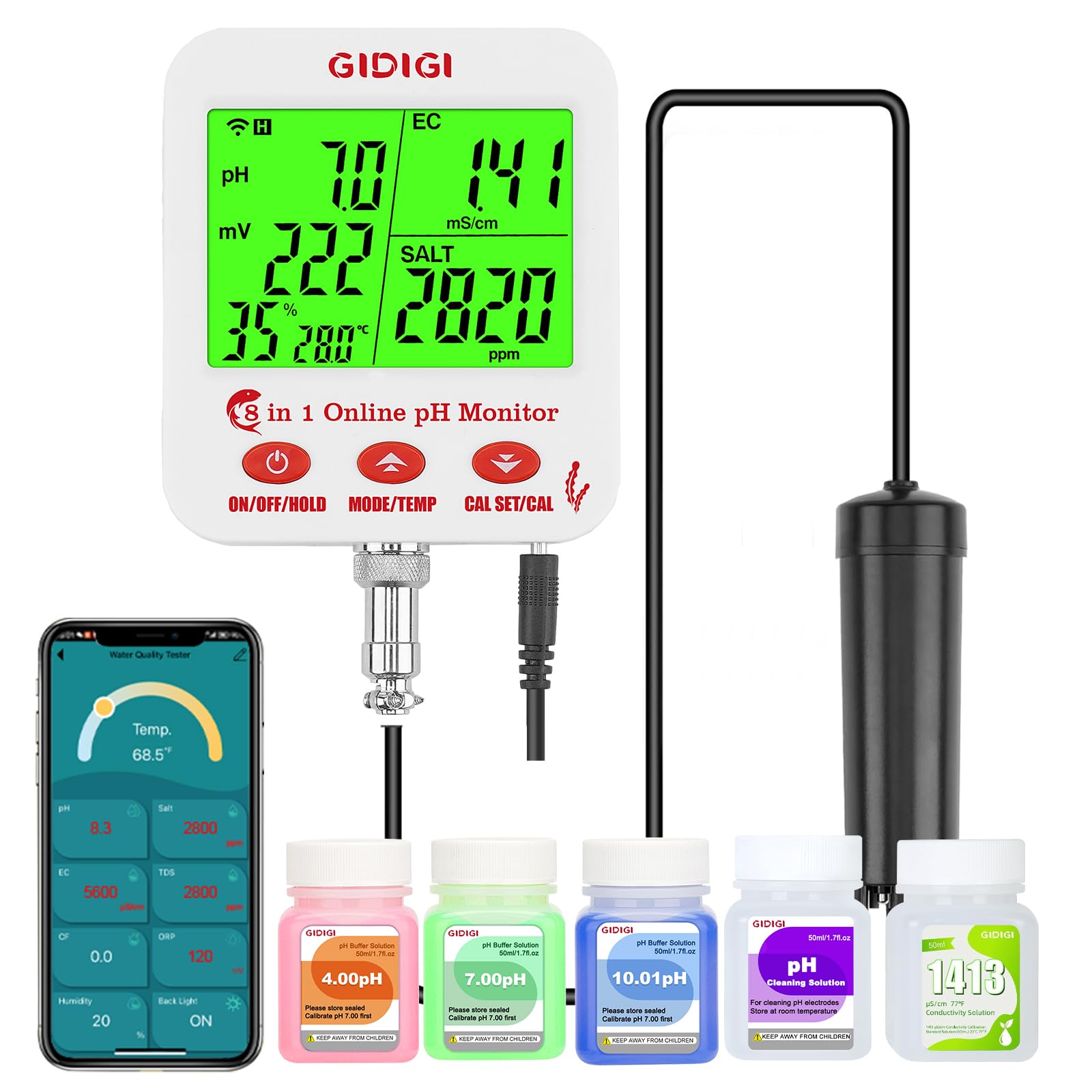 Online pH und Salzmessgerät für Aquarien mit WLAN Echtzeit pH und EC, 8-in-1 Aquarien pH Testkit, pH und EC Kontrollmonitor für Hydrokultur, Salzmessgerät, ORP Tester für Pflanzen | Aquarien pH Testset, pH EC Kontinuierlicher Monitor für Hydrokultursalze,