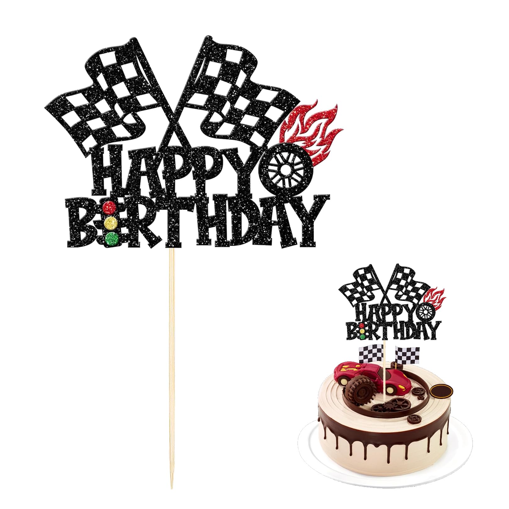 1 Stück Renn Auto Tortendeko Happy Birthday Rennwagen Cake Topper Karierter Flagge,Kuchendeko für Junge Mädchen Baby Dusche,Geburtstag Deko Racing Sports Thema Geburtstagsfeier Kuchen Dekorationen