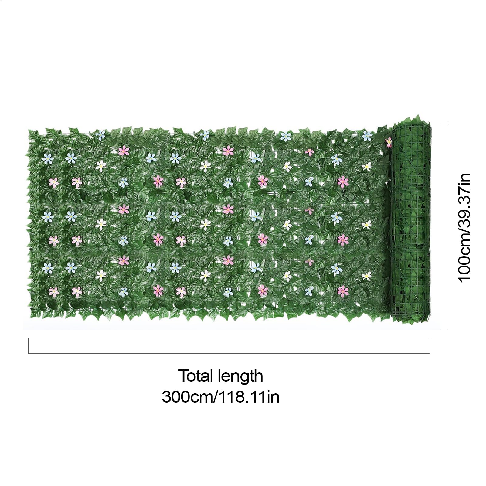 Rollo de seto decorativo de hojas de hiedra artificial verde con flores artificiales, 3 m x 1 m, valla de privacidad de hiedra artificial para pared, balcón, jardín, decoración de interior y exterior