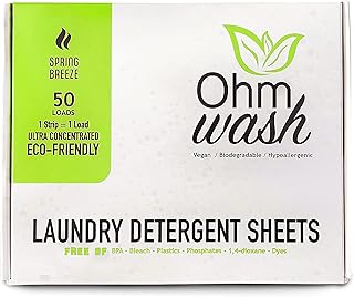 Ohm Earth’s Ohm Wash - Laundry Detergent Sheets Hypoallergenic, Eco-friendly & Biodegradable, Plastic-Free Liquidless Concentrated Strips for Sensitive Skin, 50 count (up to 100 Loads) Spring Breeze