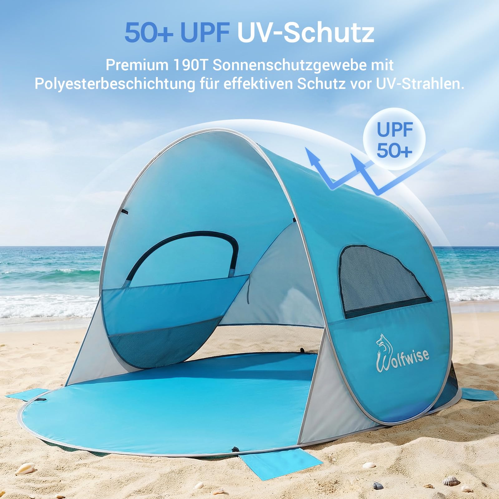 WolfWise Strandmuschel Pop-Up Zelt mit UV-Schutz 50+, 3-4 Personen Strandzelt, Sonnenschutz & Windschutz Tragbar Wurfzelt Baby Kinder Sonnenzelt Kleines Packmaß für Familie Camping Garten Strand Blau