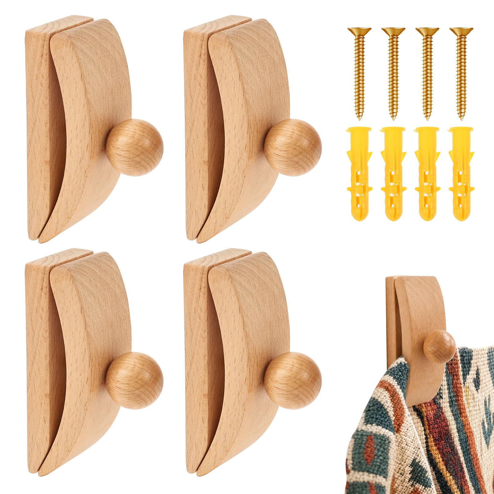LuLobtg 4Pack Wooden Tapestry Hangers, Heavy Duty Quilt Wall Mount Clips for Rugs, Blankets & Fabric Art Display, Solid Beechwood/Walnut Wall Hanging Hooks with Mounting Screws