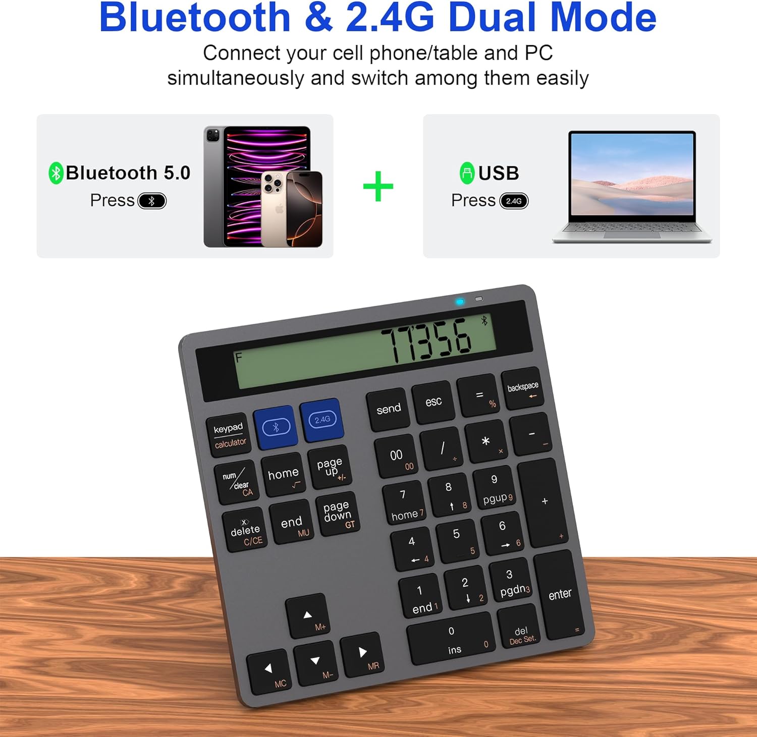 Bluetooth Number Pad, Dual-Mode Bluetooth 5.0/2.4G Wireless Numeric Keypad with Display Calculator, 34-Key Portable Financial Accounting Numpad Data Entry & Calculation 2in1 for Laptop Desktop PC
