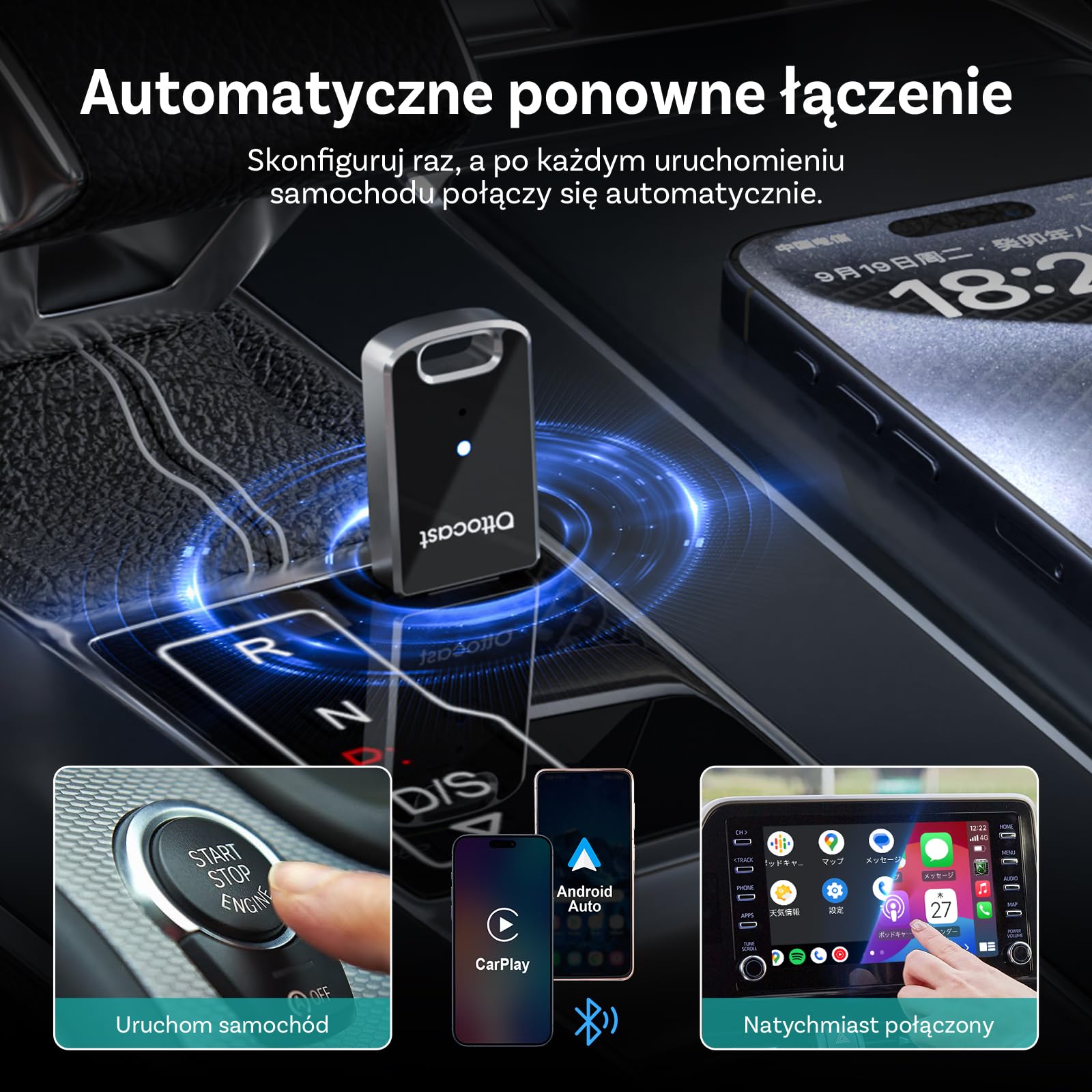 (Nowy Model 2025) OTTOCAST Adapter Bezprzewodowy 2 w 1 Carplay Android Auto, OTTO CAST Mini Edge dla iOS 10+ i Android 11+, Płynne Połączenie z Fabrycznym Carplay/AndroidAuto w Samochodach