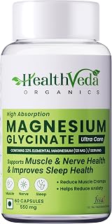 Health Veda Organics Magnesium Glycinate Supplement 550 mg 60 Veg Capsules for All Adults Supports Sleep, Relaxation & Muscle Recovery