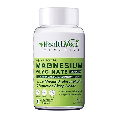 HEALTH VEDA ORGANICS PRIVATE LIMITED High Absorption Magnesium Glycinate, 550mg | 60 Veg Capsules | Supports Nerve & Mus