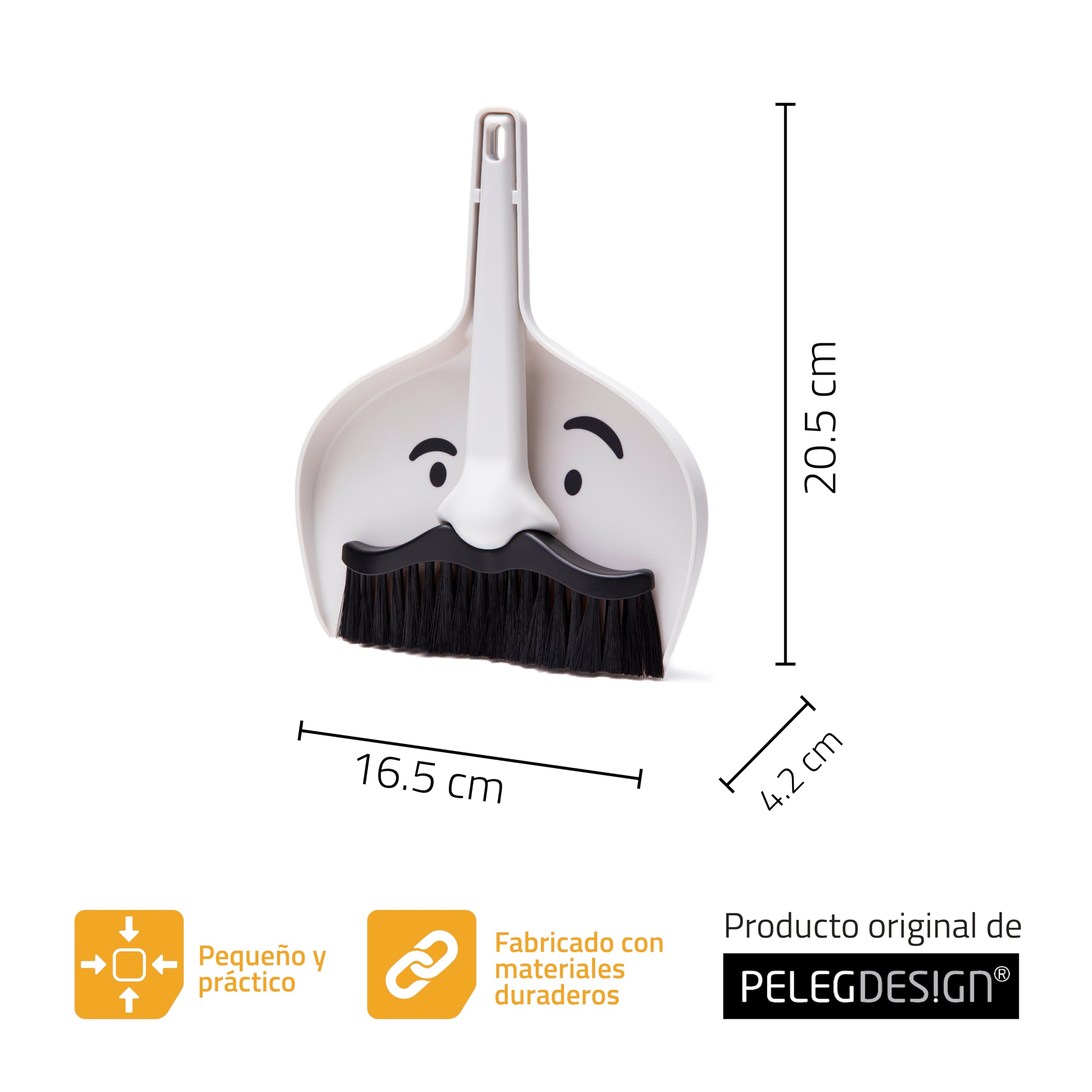 Peleg Design Dustache – Set de Recogedor y Cepillo con Estilo Bigote - Compacto y Portátil para Mesas, Escritorios, Coches, Mascotas y Niños