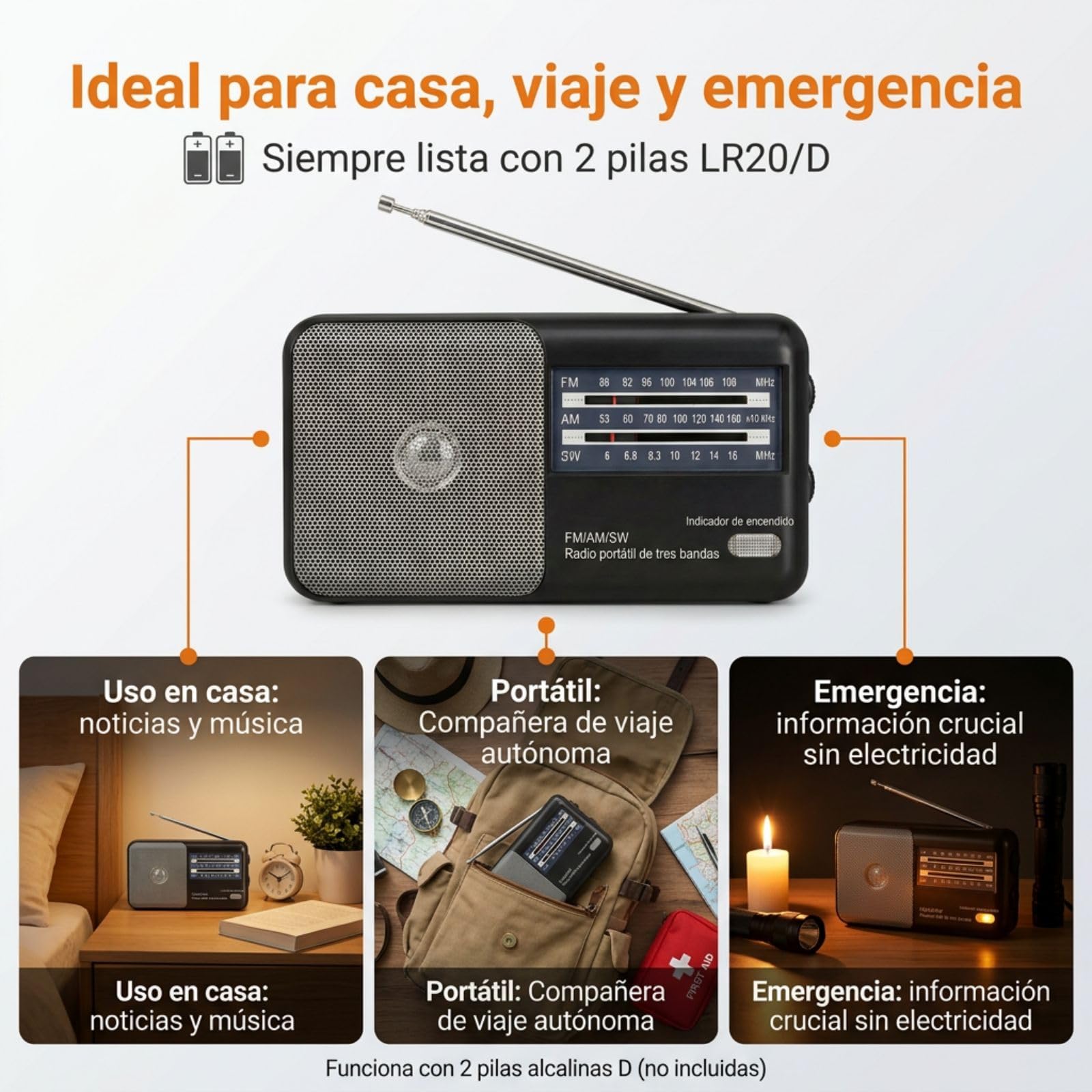 Radio portatile FM AM SW8~SW18 3 bande transistor, altoparlante potente, funziona con 2 batterie AA