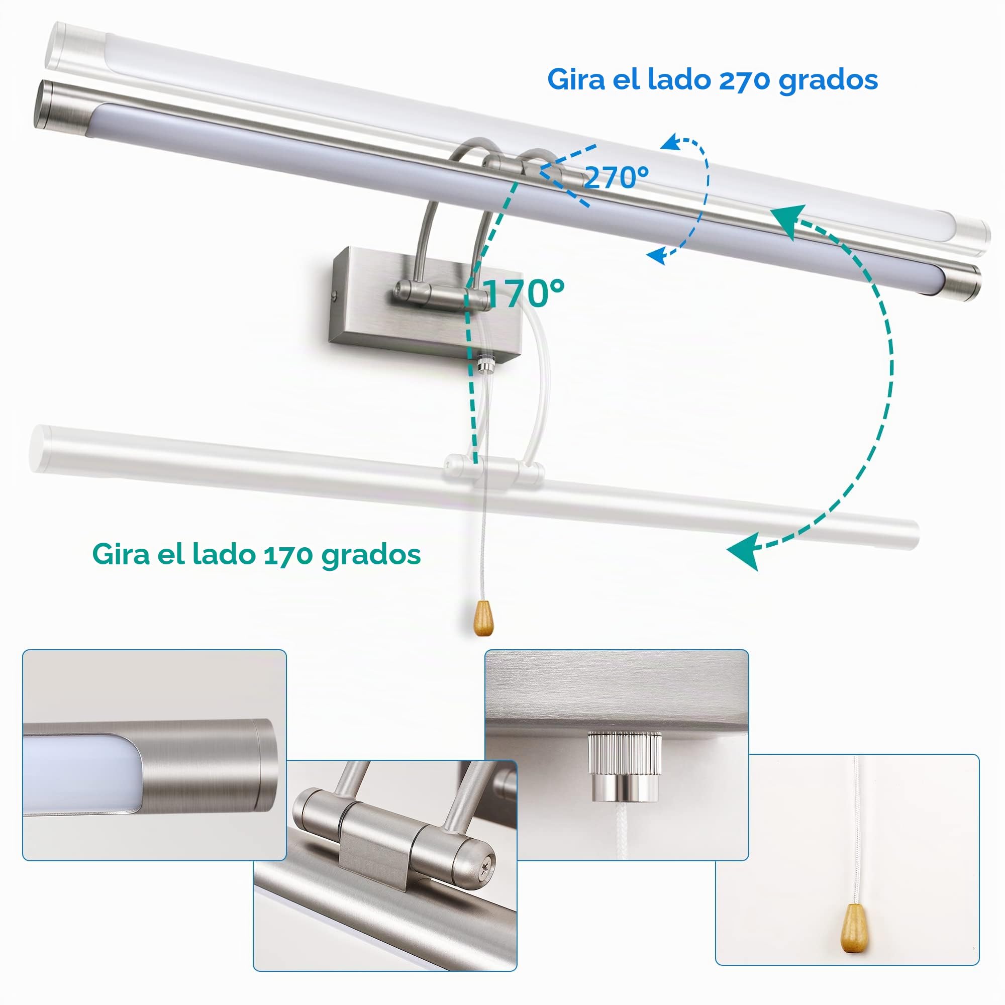 MantoLite LED Lámparas de Pared 12W,Interior Iluminación para cuadros y expositores Con Cabeza de Lámpara Giratoria e Interruptor,Baño Espejo Apliques de Pared 60CM 3000K Luces de Lectura(Níquel)