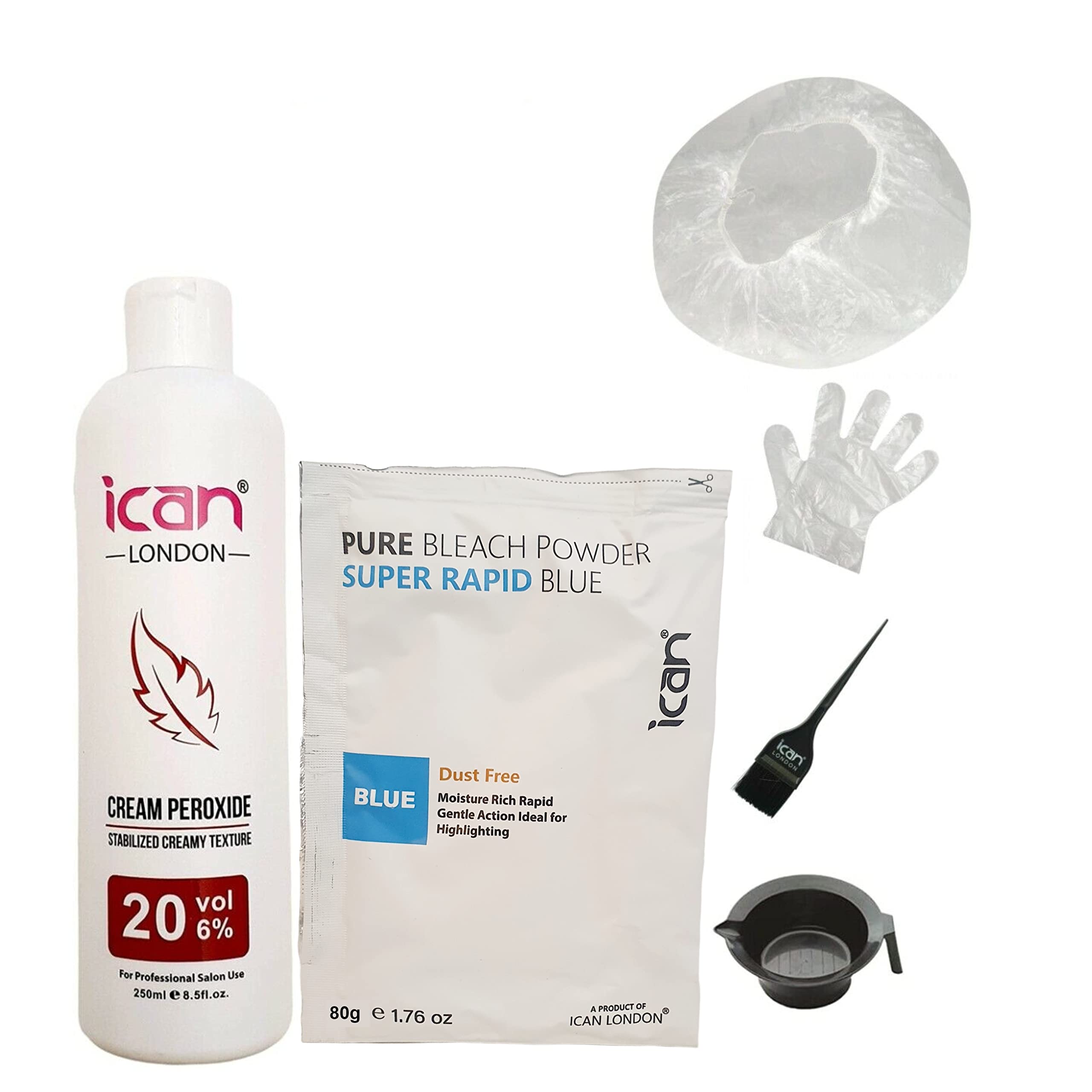 ICAN LONDON Full hair bleaching kit cream peroxide 20 vol 250ml + blue powder bleach 80g + bowl + brush + gloves + cap