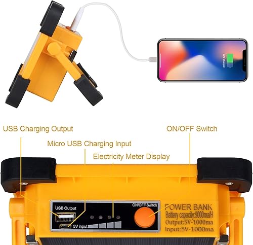 Miniatura 3 de T-SUN Luces de trabajo LED solares de 60 W luz de inundación USB portátil recargable 4 modos de seguridad iluminación de lugar de trabajo