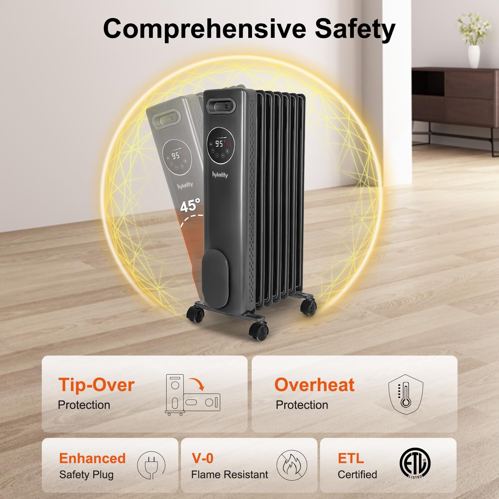 hykolity 1500W Oil Filled Radiator Heater with Remote, 24H On Off Timer, Digital Thermostat,4 Mode Electric Radiant Heater, ECO, ETL Overheat & Tip-Over Protection Indoor Space heater,Grey