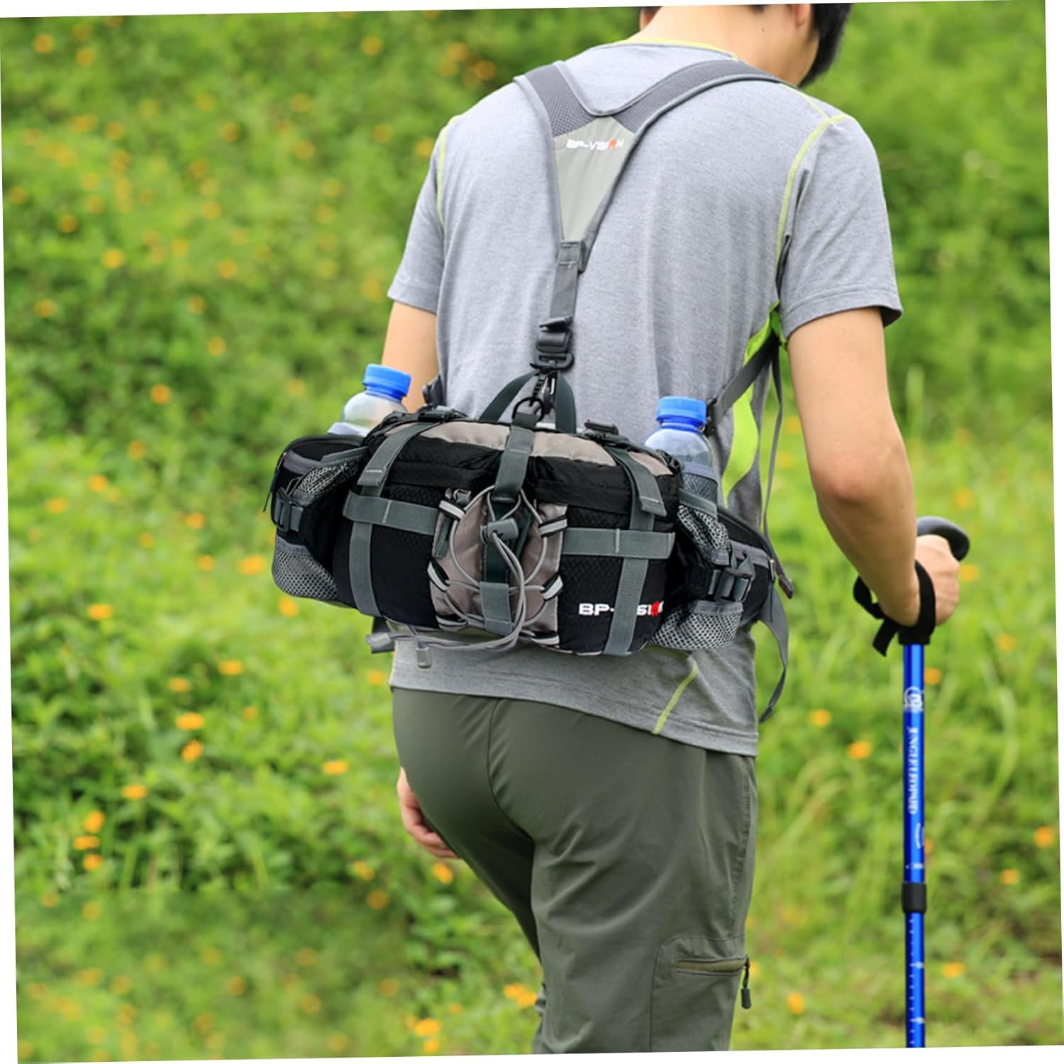 Hiking Waist Pack, Bottle Holder Fanny Pack with Dual Shoulder Strap Design, Cycling/Running Essential for Women Men(Black)