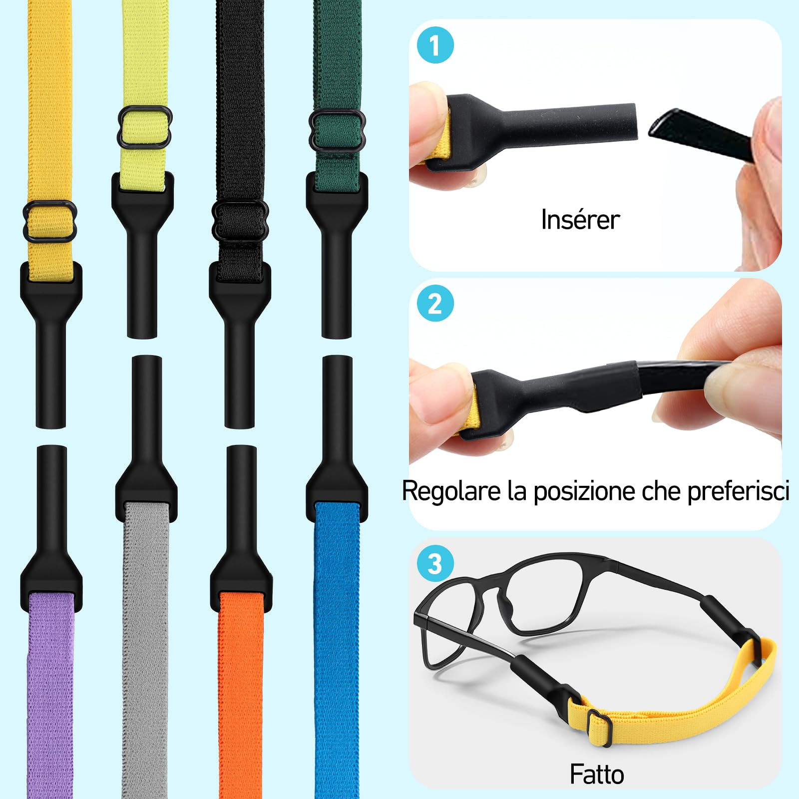 XIANGLONGY 8 Pezzi Elastico per Occhiali, Elastico Regolabile per Occhiali Bambini, Antiscivolo, per lo Sport di Bambini e Bambine (8 Colori)