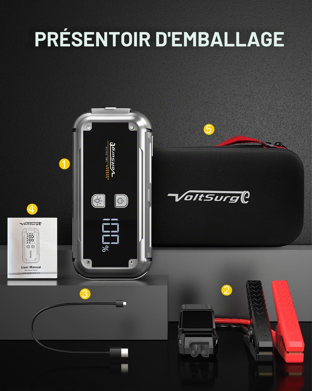 Booster Batterie Voiture 5000A, Démarreur de Batterie de Voiture Portable(Jusqu'à 8.0L Diesel ou Tout Gaz), 12V Jump Starter, Pinces Intelligentes avec Écran, Lumière LED (D05US)