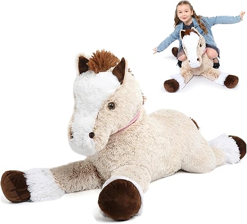 Tezituor Caballo de peluche realista grande de 3 pies, juguetes de peluche de poni grandes de 35.4 pulgadas para montar, abrazar, almohada de cuerpo