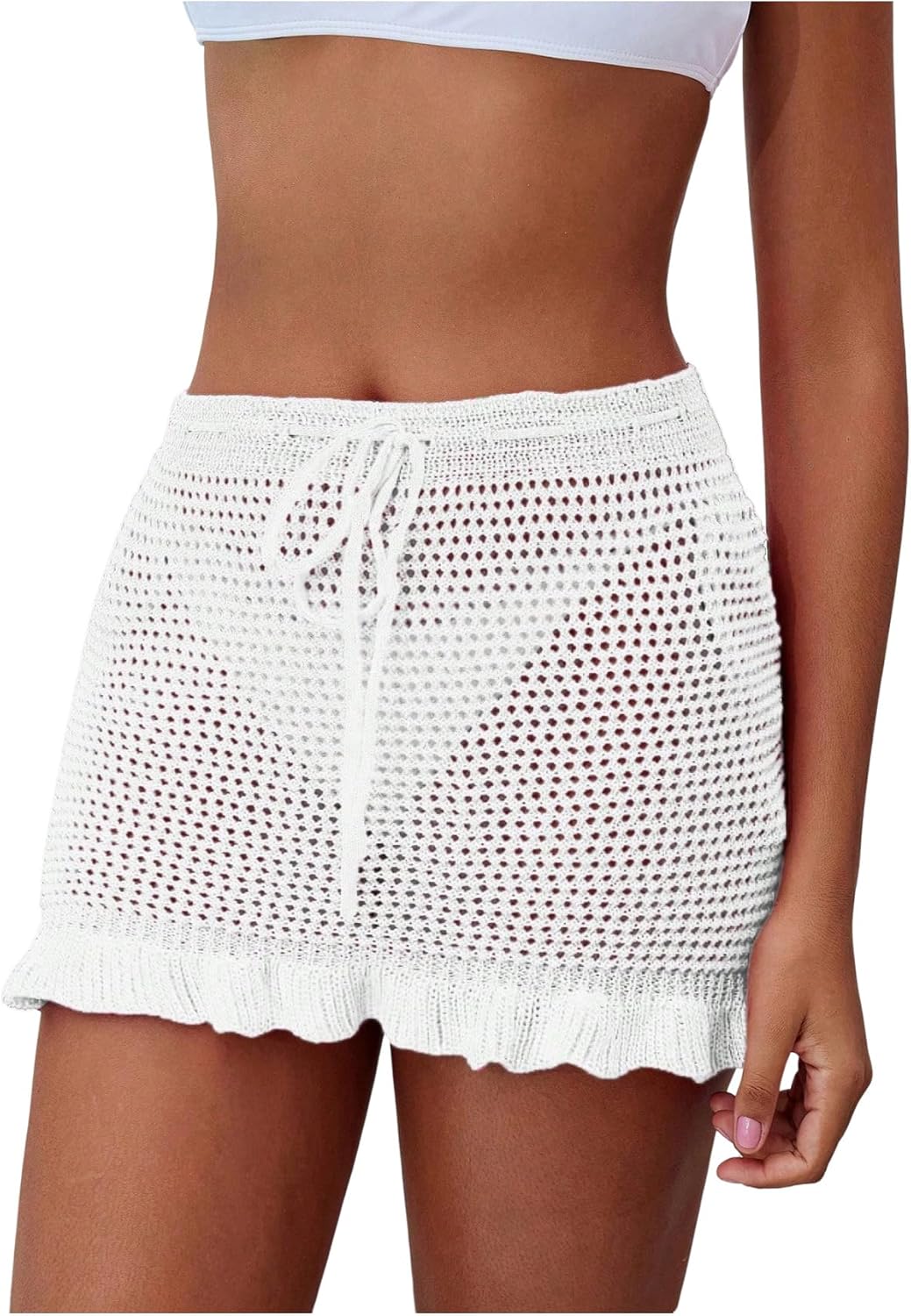 Milumia Women's Crochet Cover Up Hollow Tie Front Ruffle Beach Mini Skirts Bathing Suit