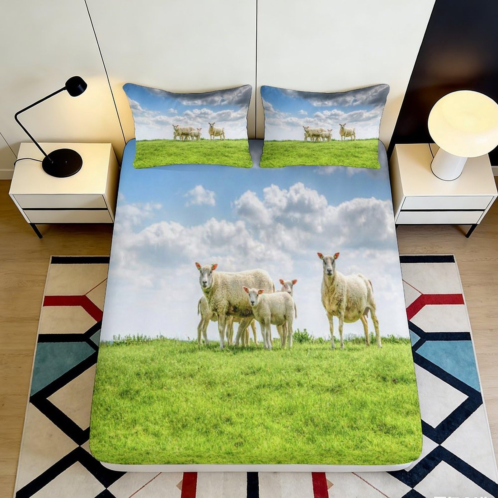 3D Printed Pastoral Sheep Fitted Sheet Microfiber Bedroom Decor Farm Landscape Mattress Cover for Home Guest Room 90x200x25cm